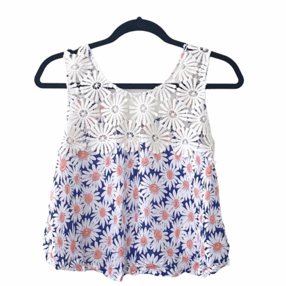 E&M Blue Floral Lace Crop Tank Top Blouse